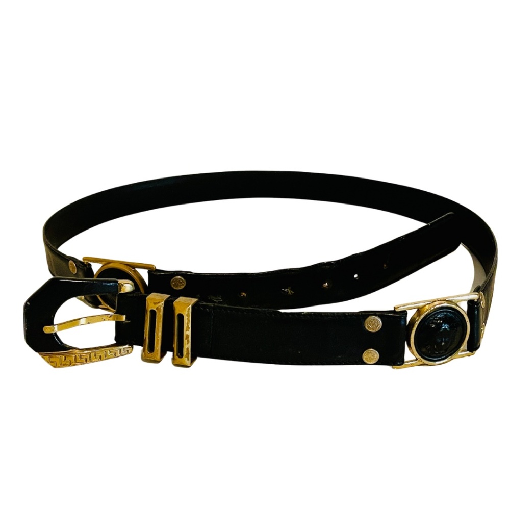 Gianni Versace Black Leather Medusa Medallions Belt Gold Hardware Men's 100/40